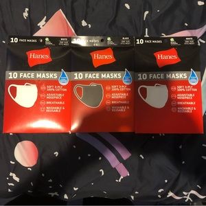 30 facemasks Hanes- 10 each reusable and washable.